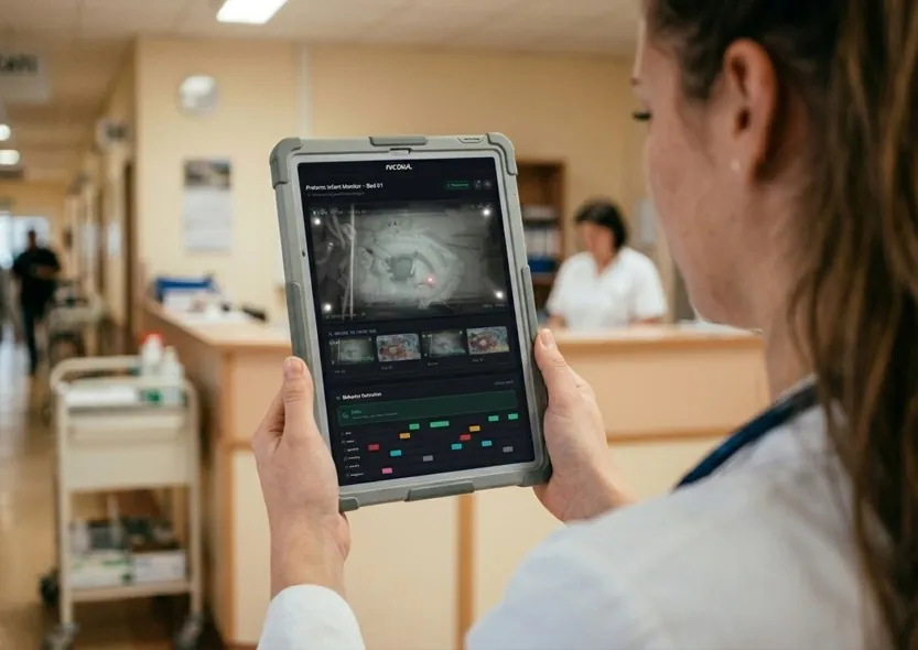 A nurse holding a tablet in a neonatal ward